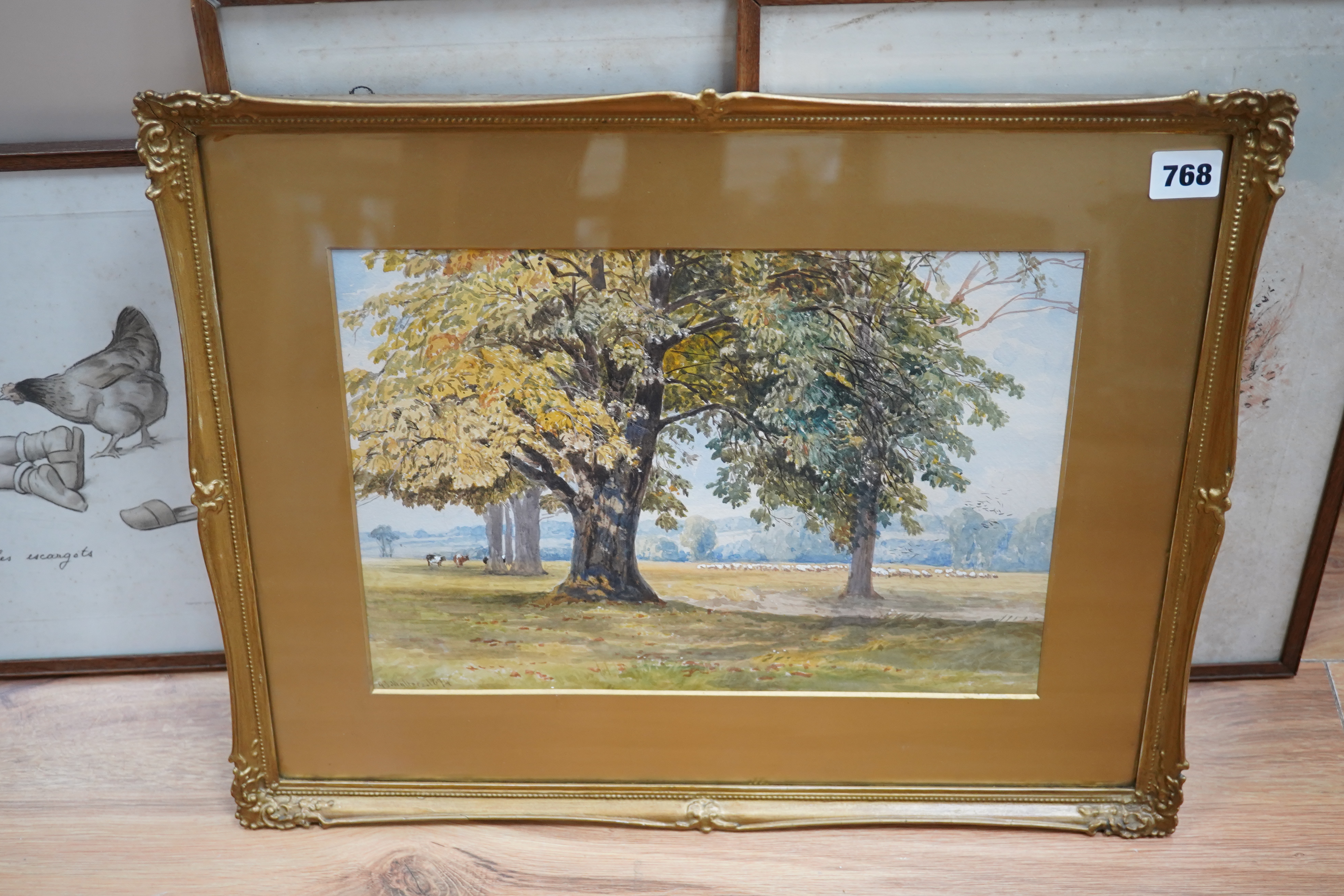 George Stanfield Walters (1838-1924), watercolour, Sheep and cattle grazing in a landscape, signed and dated 1874, 25 x 34cm, gilt framed. Condition - good